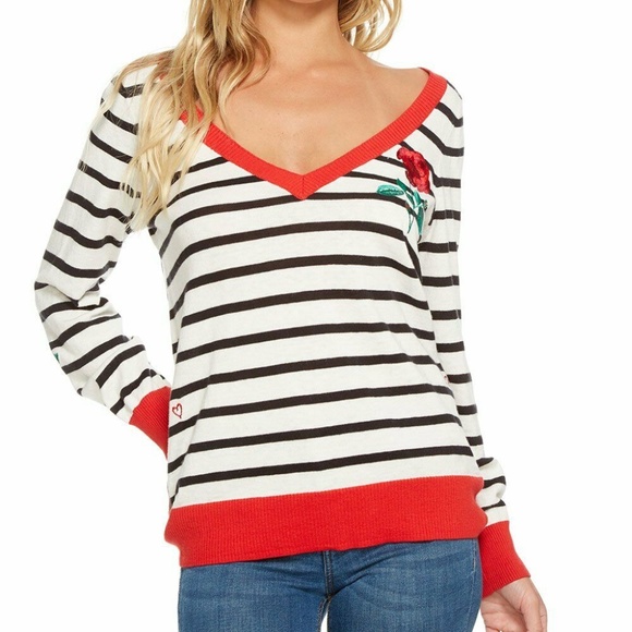 Chaser Sweaters - Chaser Black & White Striped Garden Knit Sweater